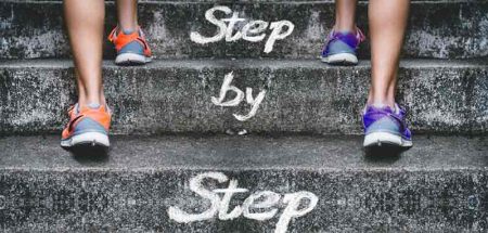 Die Füße von zwei Frauen, die Stufen hinauf gehen, auf denen "Step by Step" steht. (c) Pixabay.com