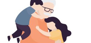 Einblicke ins Mehrgenerationen-Haus: Zusammen ist man weniger alt Ausschnitt Buchcover "Zusammen ist man weniger alt": Zeichnung eines Opas, der von zwei Enkelkindern geherzt wird. (c) Goldmann Verlag/ Lorenz Wagner