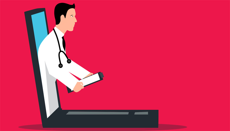 Illustration: ein Arzt, der aus einem Laptop-Monitor kommt.
(c) Pixabay.com