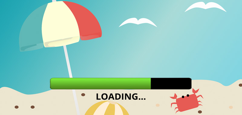 Illustration: ein Sonnenschirm auf einem Strand, darüber ein grüner Balken mit "Loading...". (c) Pixabay.com