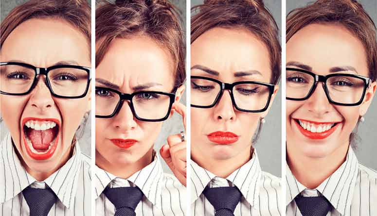 Bildserie einer Frau mit Brille, die unterschiedliche Emotionen und Gefühle zeigt.
(c) AdobeStock