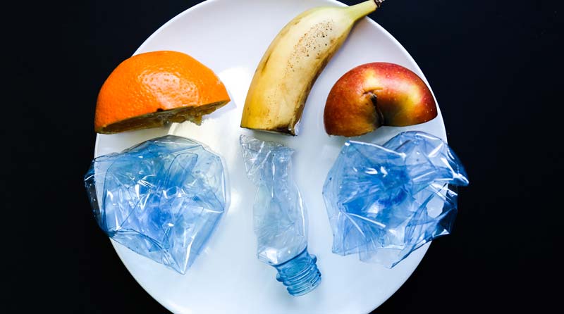 Eine halbe Orange, eine halbe Banane und ein halber Apfel auf einem Teller, die jeweils mit zerknüllten Plastikflaschen ergänzt werden, Stichwort Mikro- und Nanoplastik.
(c) AdobeStock