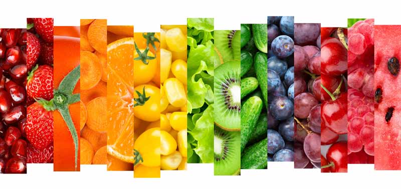 Aneinandergereihte Ausschnitte von Obst und Gemüse, Stichwort Mikroernährung.
(c) AdobeStock