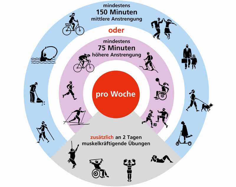 Jetzt ist Zeit für mehr Bewegung – kostenlose Angebote in ganz Ö 2 Grafik 150 Minuten Bewegung pro Woche, Stichwort mehr Bewegung.
(c) Fit Sport Austria GmbH