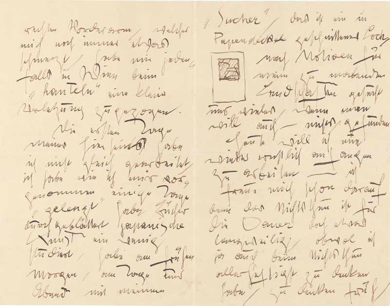 Brief von Gustav Klimt am Attersee an Maria „Mizzi“ Zimmermann in Wien, mit skizziertem Motivsucher, 03.08.1902.
(c) Klimt-Foundation
