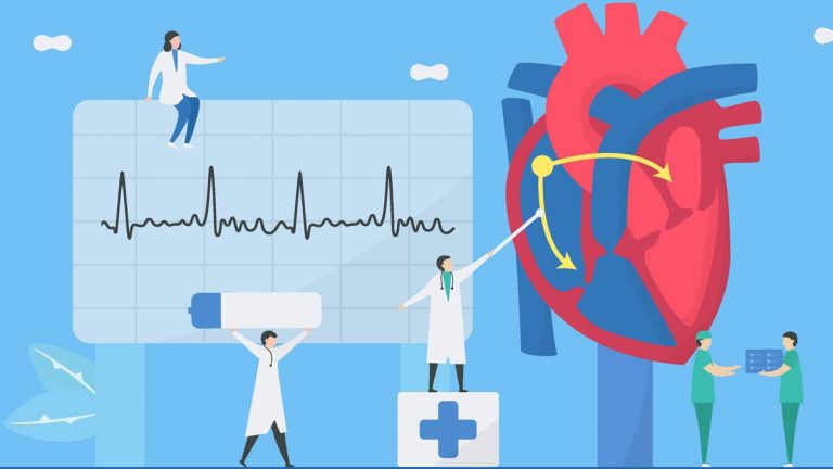Illustration: Ärzte vor und auf einem EKG-Befund, daneben ein Herz. (c) AdobeStock