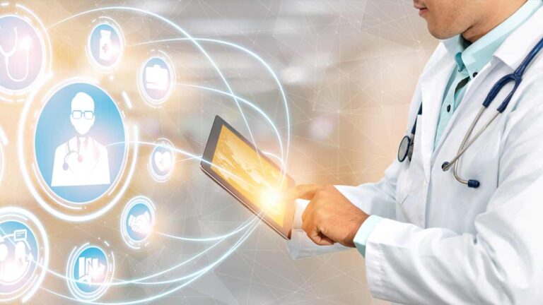 Illustration: ein Arzt mit Tablett, um das diverse Icons kreisen. (c) Clipdealer