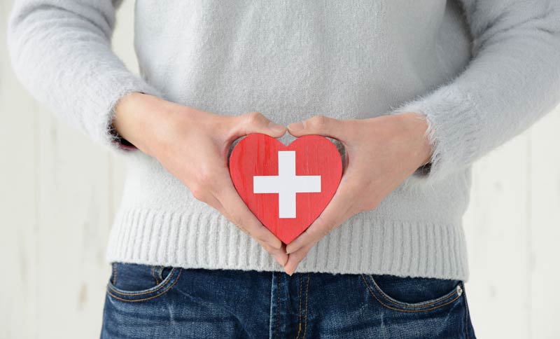 Die Hände einer Frau, die ein rotes Herz mit weißem Kreuz vor ihrem Bauch hält, Stichwort Darmkrebs.
(c) AdobeStock
