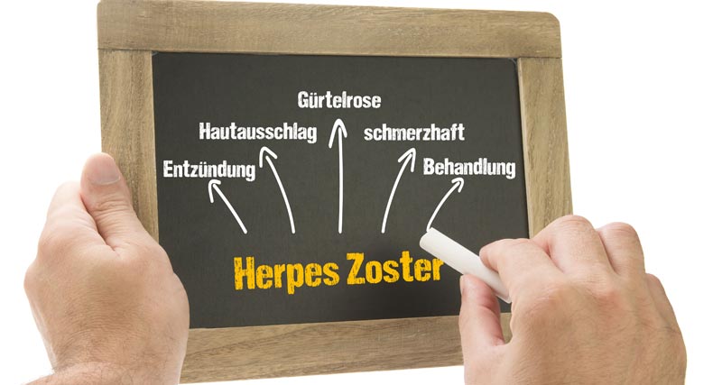 Volkswirtschaftliche Bedeutung von Gürtelrose – Impfung schützt! 2 Die Hände eines Mannes, der eine Tafel und eine Kreide hält; auf der Tafel steht Herpes Zoster und Pfeile zu möglichen Folgen.
(c) AdobeStock