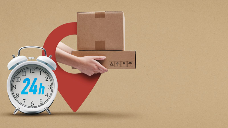 Probleme bei Paketzustellungen – Tipps für Konsumentinnen und Konsumenten 1 Symbolbild: ein Wecker mit 24h-Aufschrift und Hände mit zwei Paketen, Stichwort Paketzustellung.
(c) AdobeStock