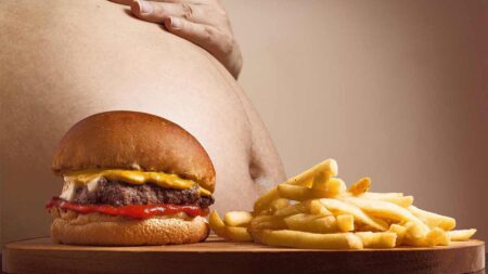 Ein fetter Burger und Pommes, dahinter der dicke Bauch eines Mannes. (c) Pixabay.com