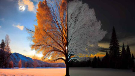 Ein Baum im Winter, links im Sonnenlicht, rechts im Dunkeln. (c) AdobeStock
