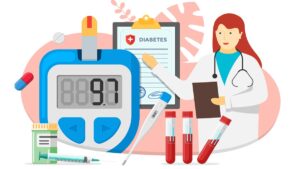 Diabetes – neueste Technologien und Therapien zwischen Innovationen und Ressourcen Illustration zu Diabetes; eine Ärztin, ein Blutzuckermessgerät, Blutproben, eine Spritze. (c) AdobeStock