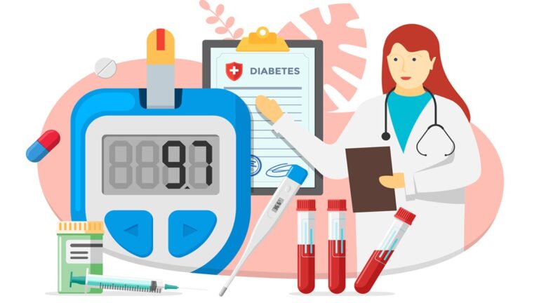 Illustration zu Diabetes; eine Ärztin, ein Blutzuckermessgerät, Blutproben, eine Spritze. (c) AdobeStock