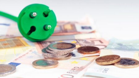 Ein grüner Stecker, der auf Euroscheinen und -münzen liegt. (c) AdobeStock
