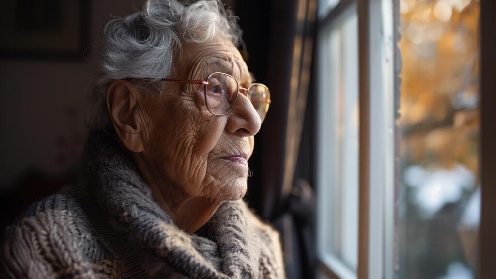 Eine alte Frau mit Brille, die beim Fenster rausschaut. (c) Carla Bosteder from Pixabay
