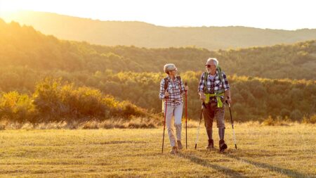 Ein älteres Paar wandern über eine Wiese bei Sonnenuntergang. (c) AdobeStock
