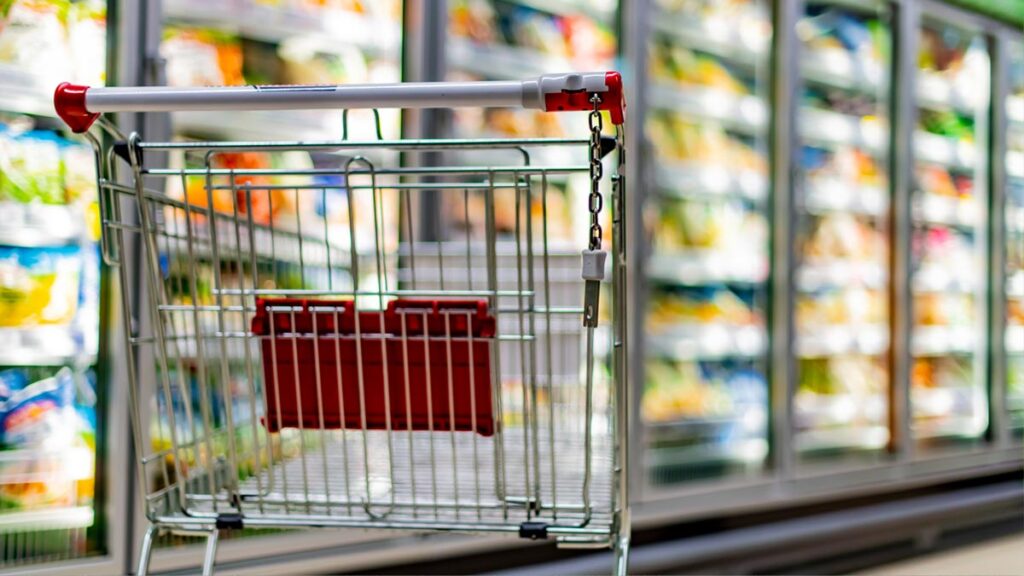 Gesund und günstig essen – 5 Tipps zum nachhaltigen Genuss Ein leerer Einkaufswagen vor einem Kühlregal in einem Supermarkt. (c) AdobeStock