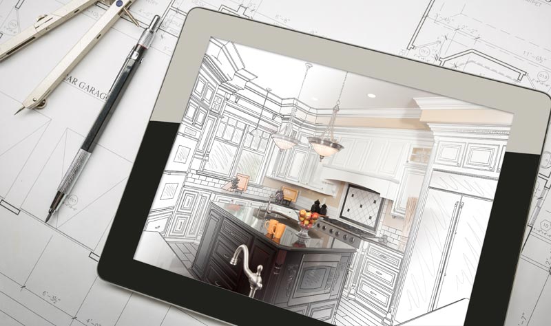 3D-Küchenplan auf Tablet über 2D-Hausplan, daneben Bleistift und Zirkel, Symbol für 3D Möbelmodellierung und digitale Planung.(c) AdobeStock