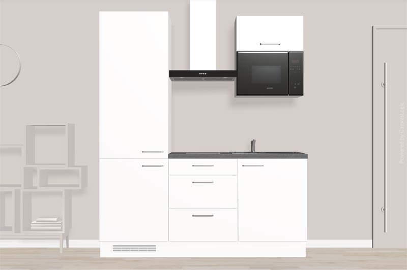 Ein Screenshot eines Online-Konfigurators für Küchen. Zu sehen ist eine fotorealistische 3D-Ansicht einer weißen Küchenzeile mit Spüle, Herd und Mikrowelle vor einem neutralen Hintergrund. Das Bild verdeutlicht die visuelle Qualität und Detailtreue moderner Planungssoftware.