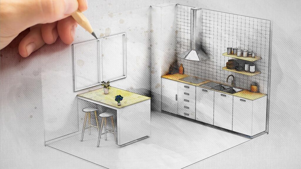 Illustration: eine Hand mit einem Bleistift beim Zeichnen eines 3D Modells einer Küche. (c) AdobeStock
