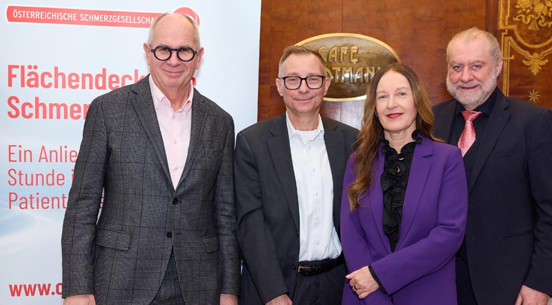 Gruppenbild der Experten der Österreichischen Schmerzgesellschaft (ÖSG). Vlnr: Prim Univ.-Prof Dr. Rudolf Likar, Univ.-Prof. Dr. Richard Crevenna, OÄ Dr. Waltraud Stromer, AO Univ.-Prof Dr. Wilhelm Eisner zum Thema neuropathische Schmerzen.(c) ÖSG/ APA-Fotoservice/ Schedl