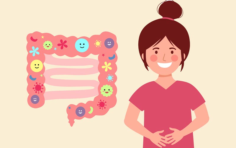 Farbenfrohe Illustration eines menschlichen Darms mit lächelnden Bakterien-Symbolen neben einer glücklichen Frau, die die Verbindung zwischen Darmflora und Stimmung visualisiert, Stichwort Mikrobiom & Psyche.(c) AdobeStock