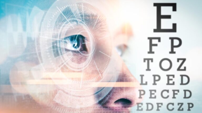 Künstlerische Nahaufnahme eines menschlichen Auges mit digitalen Grafiken und einer Sehtafel im Hintergrund zur Veranschaulichung der Sehkraft. (c) AdobeStock