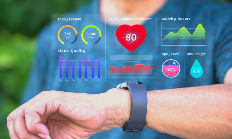 Nahaufnahme eines älteren Handgelenks mit einer Smartwatch, die ein detailliertes "Daily Fitness Dashboard" mit Herzfrequenz-Grafik, Kalorienverbrauch, Schlafqualität und Sauerstoffsättigung anzeigt.
(c) AdobeStock