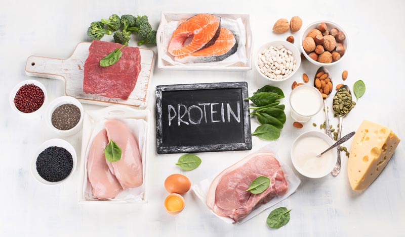 Überblick proteinreiche Lebensmittel: Magertopfen, Fisch, Fleisch, Eier, Linsen, Kürbiskerne für Senioren, Stichwort Proteine im Alter.
(c) AdobeStock