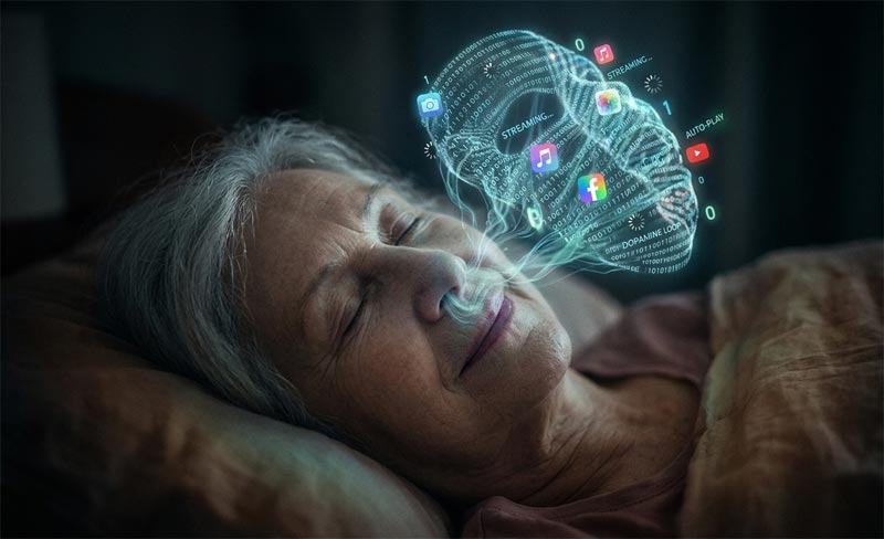Naheaufnahme einer schlafenden Person mit friedlichem Ausdruck, über deren Gesicht eine Maske aus leuchtenden Daten, App-Logos und Narkosegas-Visualisierungen schwebt, Stichwort Algorithmische Ruhigstellung.
(c) Gemini