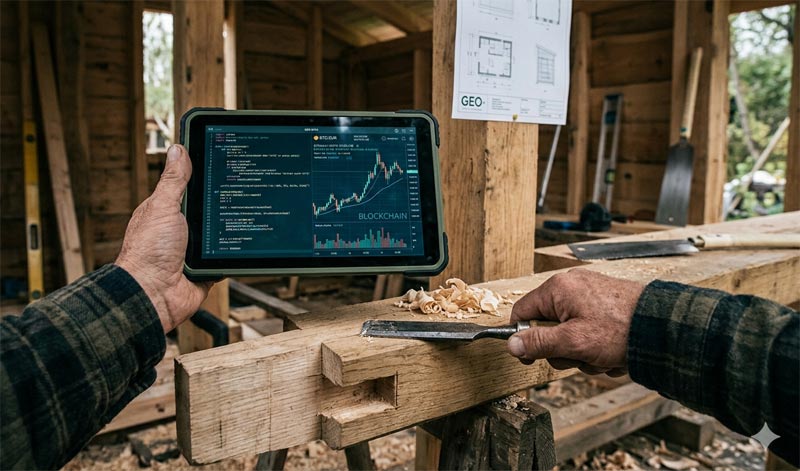 Hände bei der Holzbearbeitung mit einem Stemmeisen, während die andere Hand ein Tablet mit Bitcoin-Charts und Code hält, Stichwort aktives Altern.
(c) KI/ Google Gemini