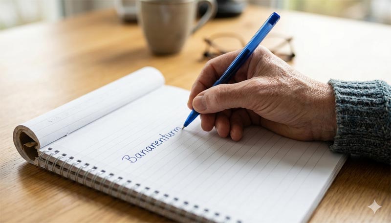 Cyberangriffe auf ältere Menschen: Die neue Dimension der digitalen Jagd 2 Nahaufnahme einer Hand, die mit einem blauen Kugelschreiber das Wort „Bananenturm“ in ein liniertes Notizbuch auf einem Holzschreibtisch schreibt, Brille und Kaffeetasse im unscharfen Hintergrund.
(c) KI/ Google Gemini