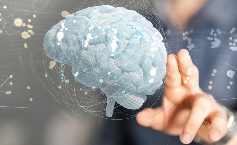 Ein menschliches Gehirn, das von einem dichten Netz aus leuchtenden Datenpunkten und Verbindungslinien umhüllt ist, im Hintergrund eine unscharfe Hand, die danach greift, Stichwort Neuronale Souveränität.
(c) AdobeStock