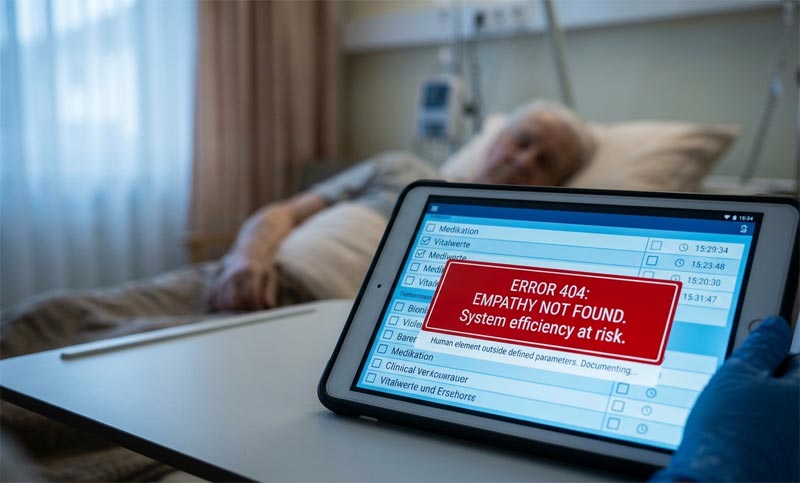 Ein digitales Tablet im Vordergrund mit der roten Fehlermeldung „ERROR 404: EMPATHY NOT FOUND“, im Hintergrund ein unscharfer Patient im Pflegebett, Stichwort Tag der Pflege Kritik.
(c) KI/ Google Gemini