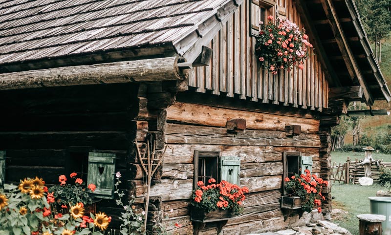 Traditionelle, alte Almhütte aus dunklem Holz mit roten Geranien in den Blumenkästen vor den Fenstern, Stichwort Almurlaub in Österreich.
(c) AdobeStock
