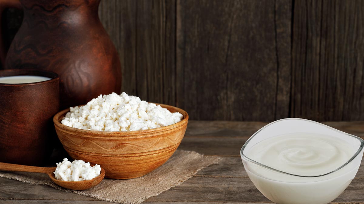 Longevity-Nährstoffe: Die ewige Jugend aus dem Becher oder reine Geldmacherei? Rustikaler Holztisch mit einer Tonschale voll körnigem Topfen (Hüttenkäse), einer Glasschale mit cremigem Joghurt, einem Becher Milch und einem alten Tonkrug. (c) AdobeStock/ AnD