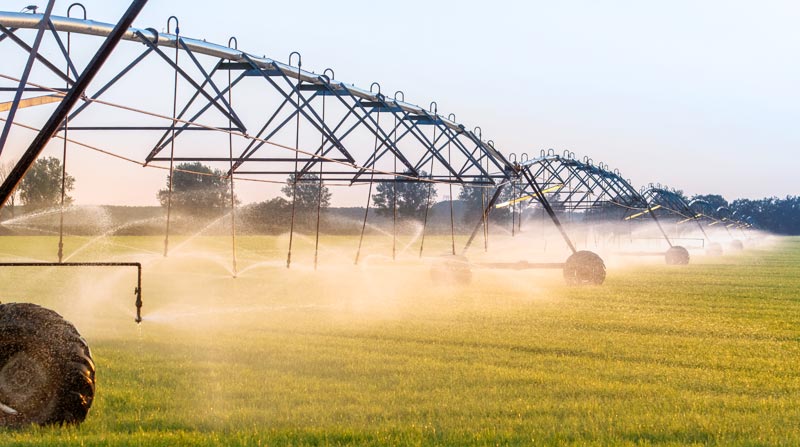 Große landwirtschaftliche Beregnungsanlage besprüht ein grünes Feld bei Sonnenuntergang mit Wasser.(c) AdobeStock