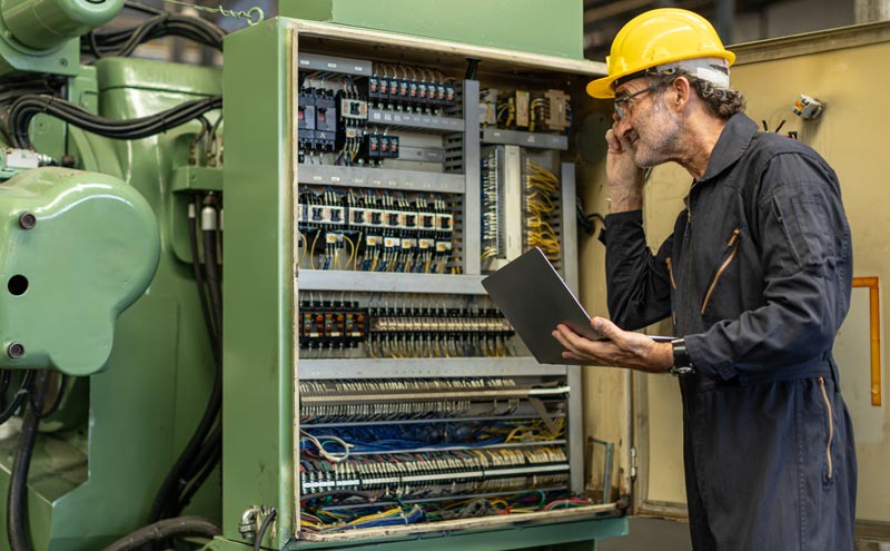 Erfahrener Techniker mit Schutzhelm prüft mit Laptop in der Hand einen offenen Schaltschrank einer Industriemaschine.(c) AdobeStock