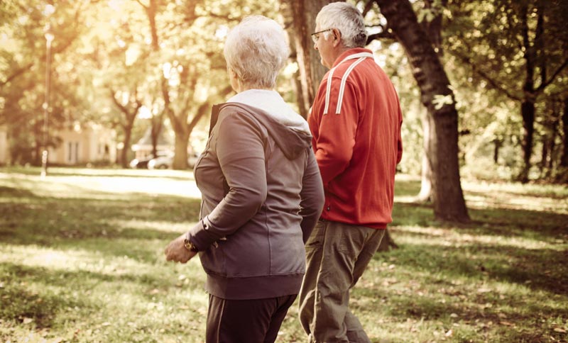 Alzheimer-Prävention und Demenz-Therapie: Fakten statt Esoterik-Zauber 2 Älteres Ehepaar beim zügigen Spaziergang und Ausdauertraining im Park zur Alzheimer-Prävention.(c) AdobeStock.